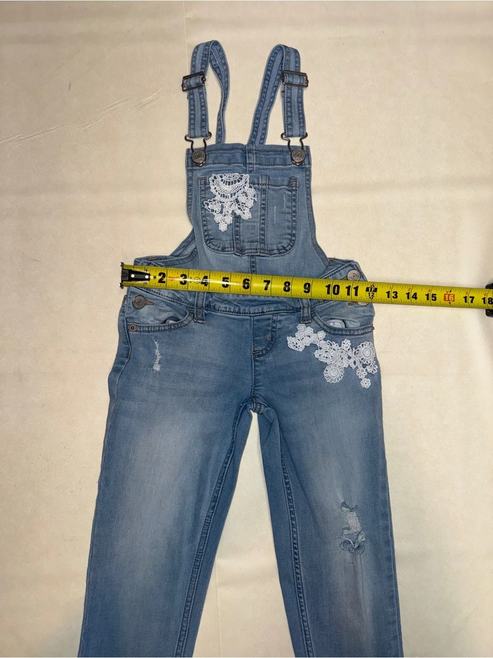 Justice Light Blue Denim Overalls with White Lace Appliqué